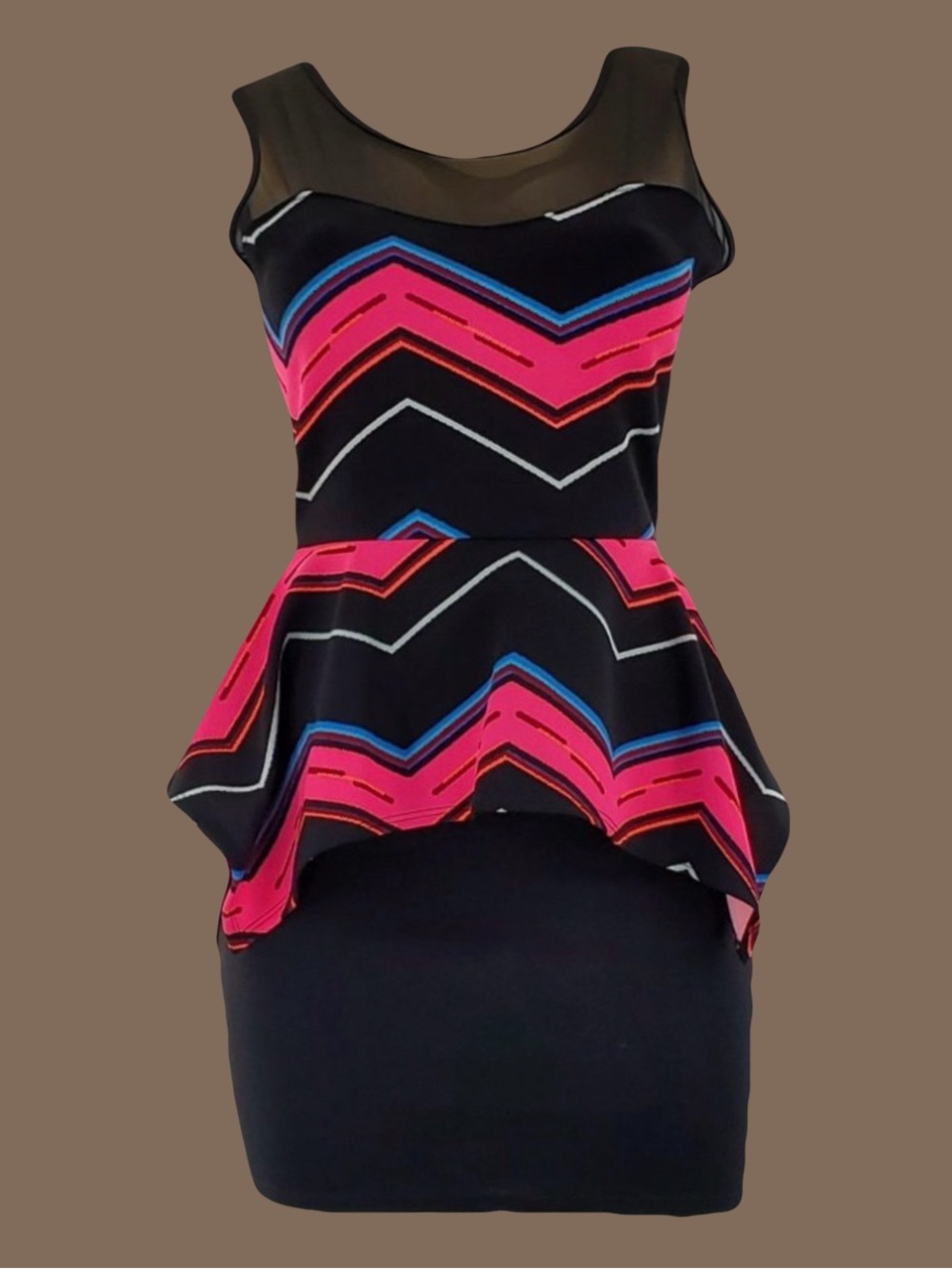 Black Peplum Mini Dress with Pink Chevron Accents